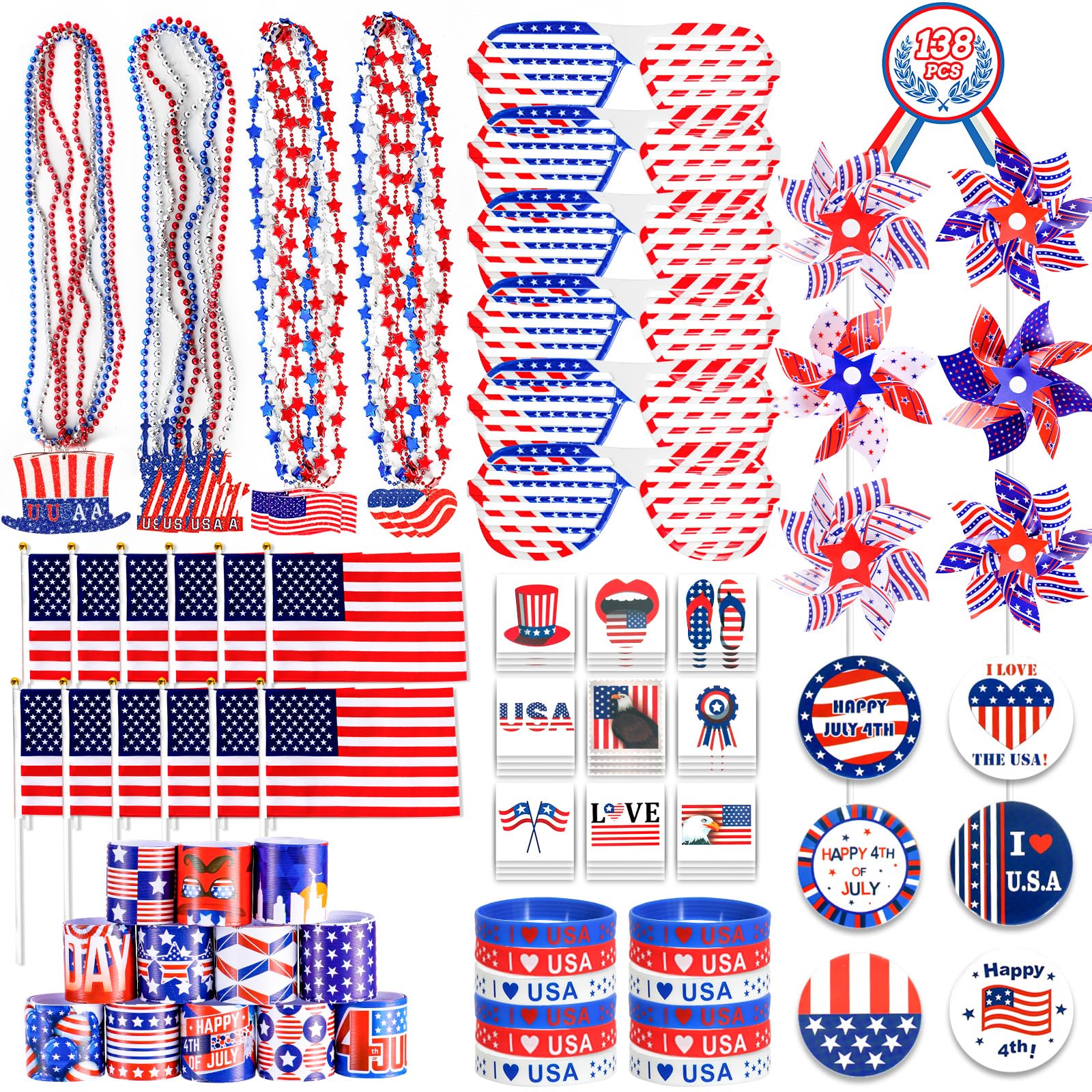 4Th Of July Decorations, 138Pcs Patriotic Party Favors Supplies American Stick Flag, Pinwheels, Tattoos, Rubber Bracelets, Brooch, Necklaces For Independence Day Memorial Day Accessories Parades
