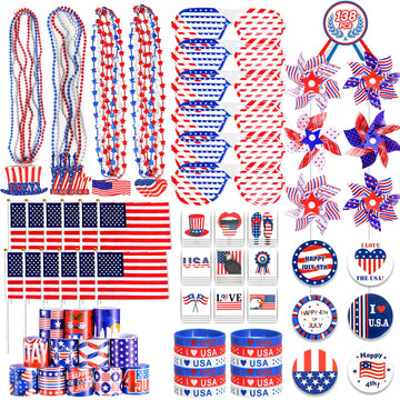 4Th Of July Decorations, 138Pcs Patriotic Party Favors Supplies American Stick Flag, Pinwheels, Tattoos, Rubber Bracelets, Brooch, Necklaces For Independence Day Memorial Day Accessories Parades