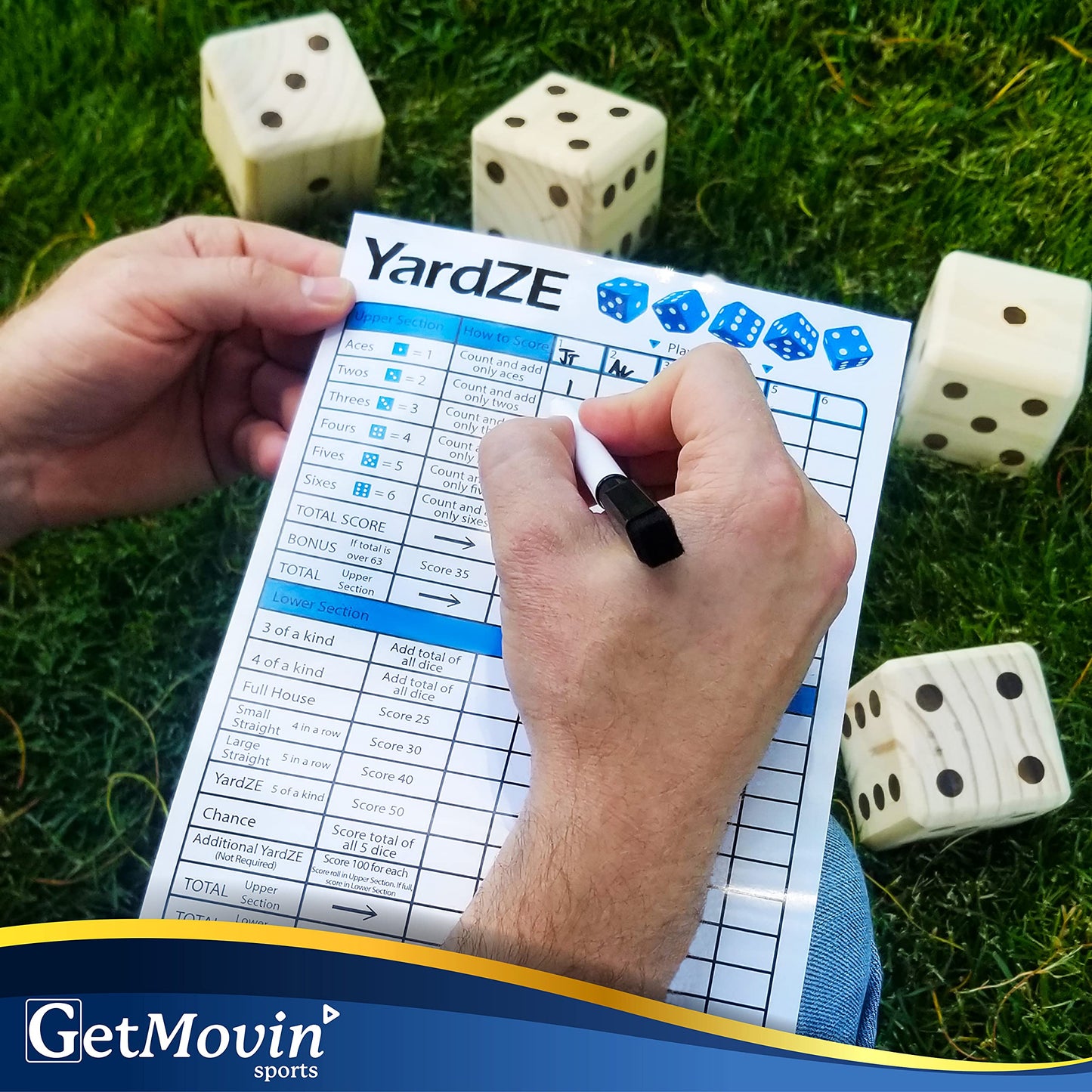 GETMOVIN SPORTS Natural Yardzee and Yard Farkle Dice Set (All Weather) Roll Bucket and Scorecard - Includes 6 Dice, Dry Erase Sc