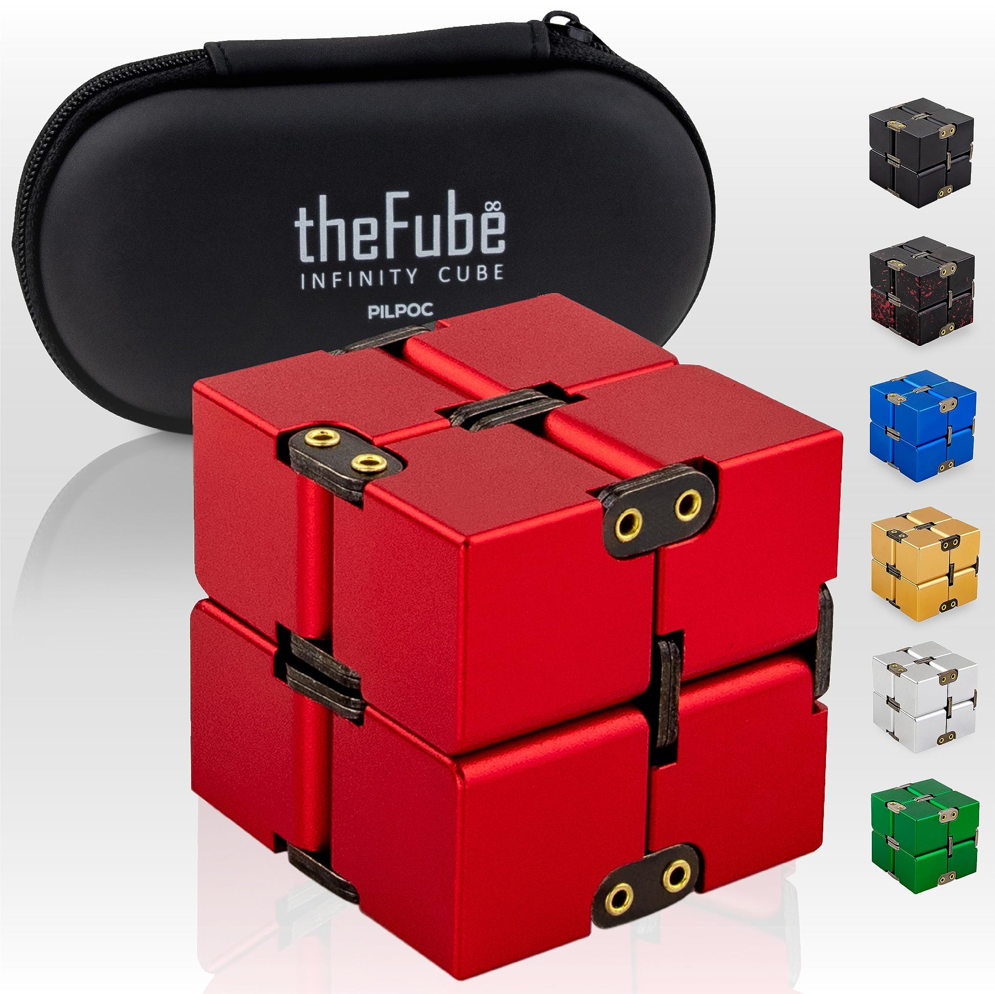 Pilpoc Thefube Infinity Cube Fidget Desk Toy - Aluminum Infinite Magic Cube With Case, Sturdy, Heavy, Relieve Stress And Anxiety, For Add, Adhd, Ocd (Red)