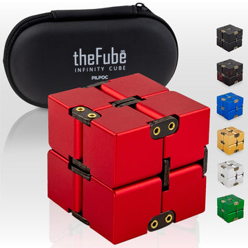 Pilpoc Thefube Infinity Cube Fidget Desk Toy - Aluminum Infinite Magic Cube With Case, Sturdy, Heavy, Relieve Stress And Anxiety, For Add, Adhd, Ocd (Red)