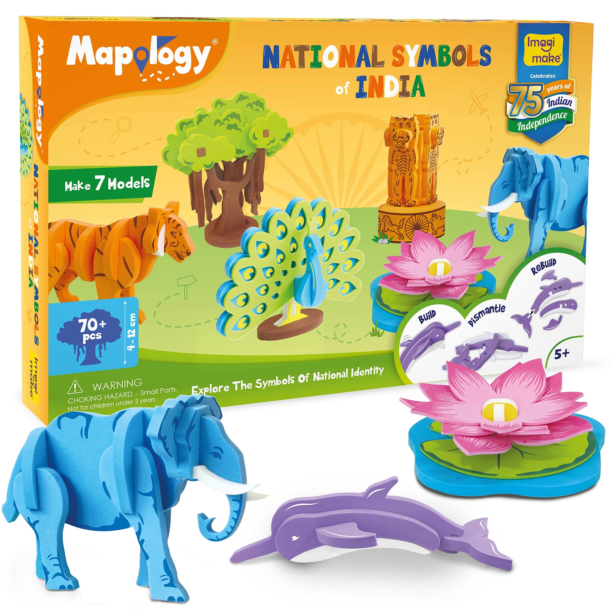 Imagimake Mapology National Symbols Of India - Construction Set - Make 7 Models - Educational Toys For 5 Years+, 70 Pieces,Multi