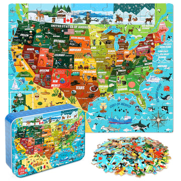 Lelemon Usa Map Jigsaw Puzzles In A Metal Box 100 Pieces Usa Map Jigsaw Puzzle For Kids Ages 4-8 Children Learning Educational P