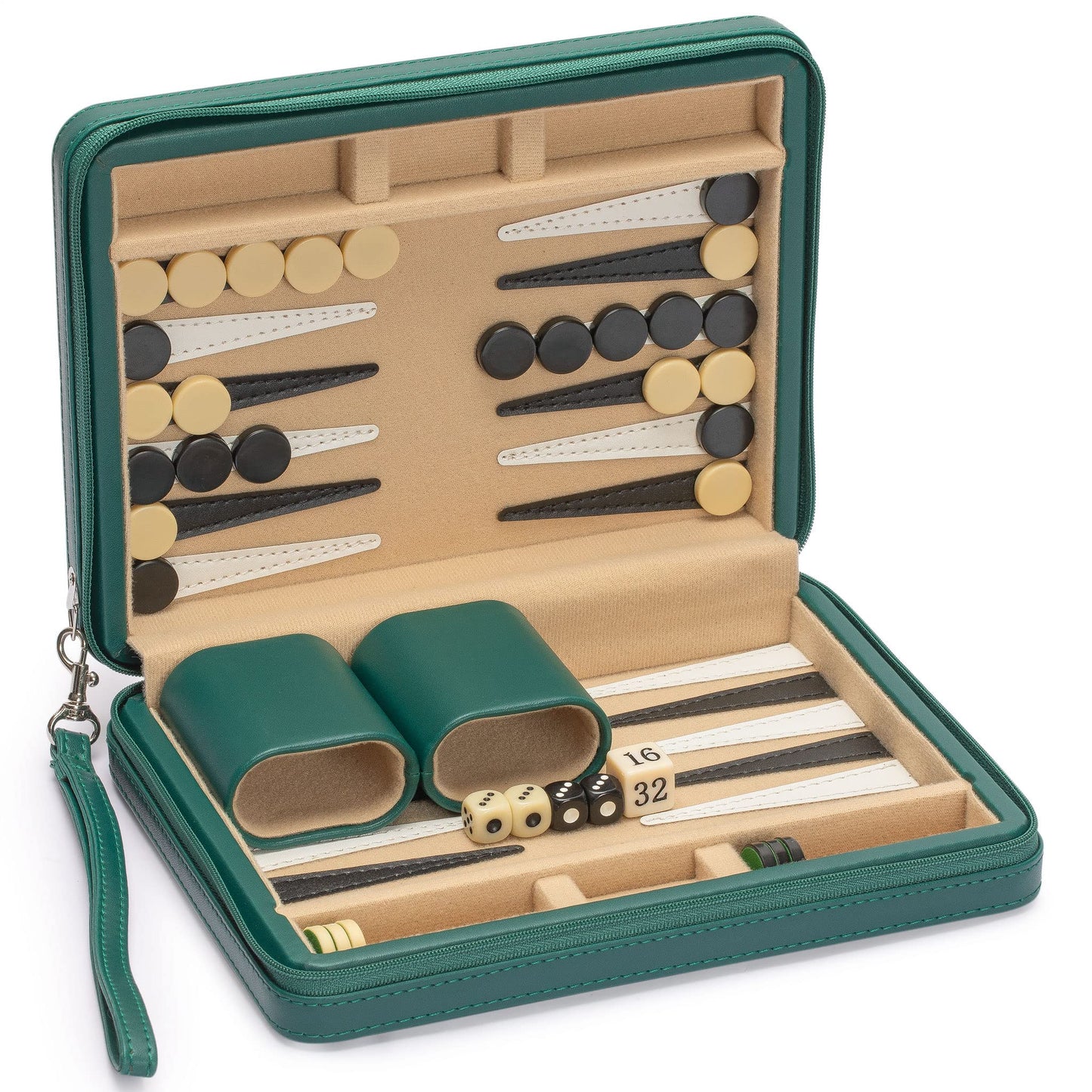 Yellow Mountain Imports Backgammon Mini Game Set - 9-inch Magnetic Checkers in Green Faux Leather Case - Travel Size HZ-BG005-A