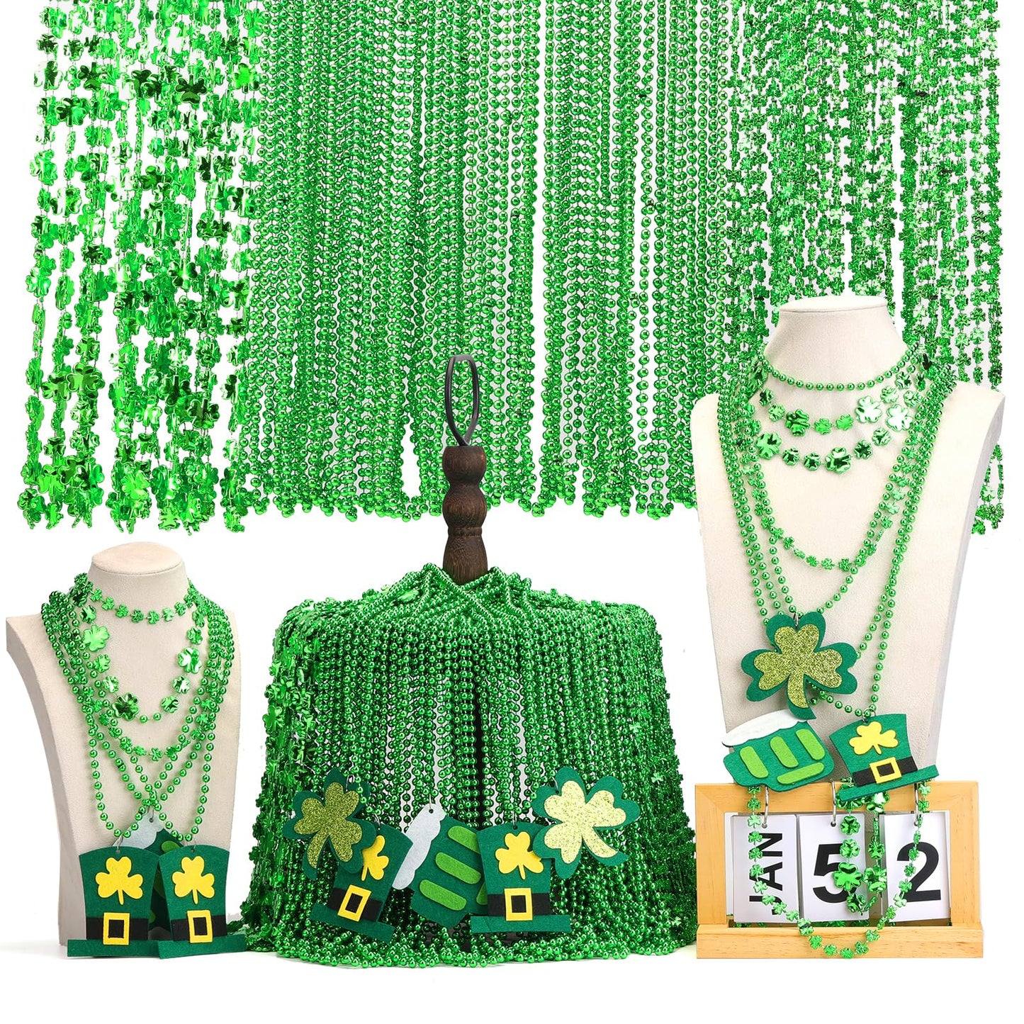 Becfupo 196Pcs St. Patrick's Day Accessories: 100 Pcs Metallic Green Beaded Necklaces & 96 Pcs Temporary Tattoo Stickers - Irish