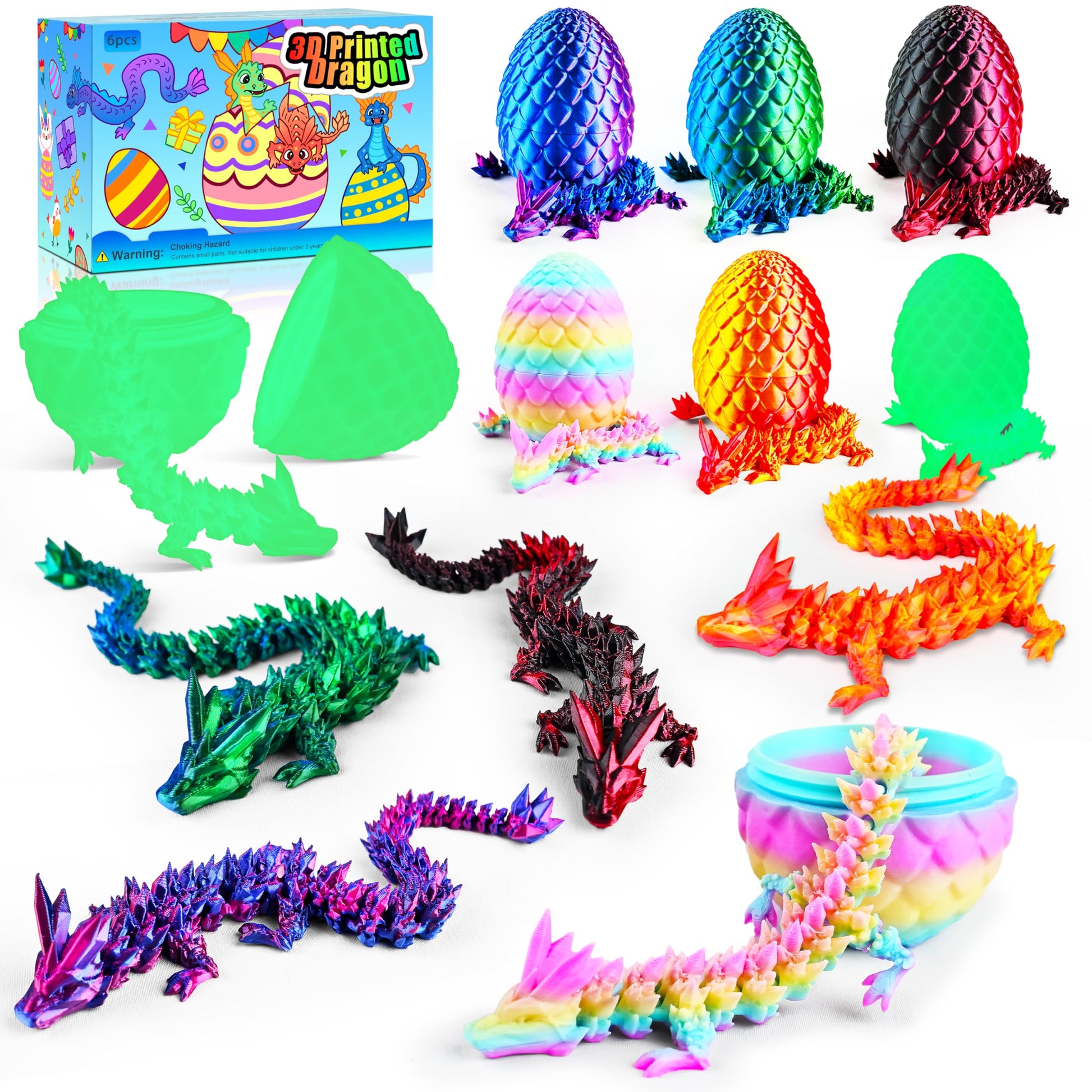 Impossmaker 6Pcs 3D Printed Easter Dragon Eggs With 3D Printed Dragon Inside, Easter Basket Stuffers Mini Dragon Egg Set Articul