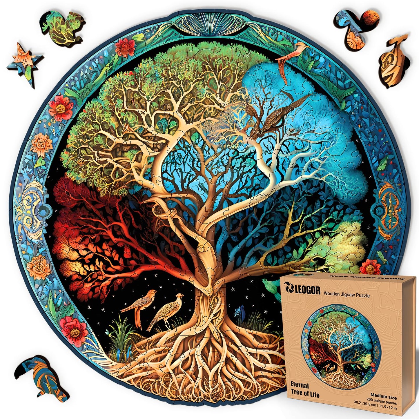 Eternal Tree of Life - 200 Piece Wooden Puzzles for mature-themeds - 11.9 x 12 in - Extra-Thick 5 mm Wood Puzzle  Hand-Shaped Pieces  Round Mosaic Design - enhanced Gift for Puzzle Lovers by LEOGOR