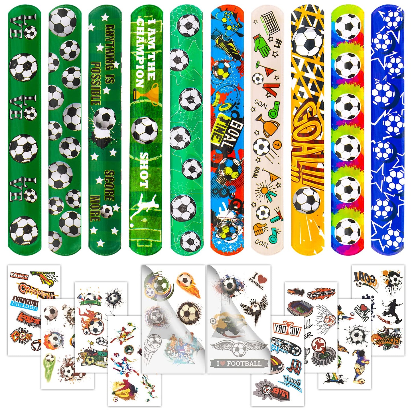 30Pcs Soccer Slap Bracelets Party Favors with Soccer Tattoo Birthday Gifts Soccer Party Decorations Snap Band for Kids Boys