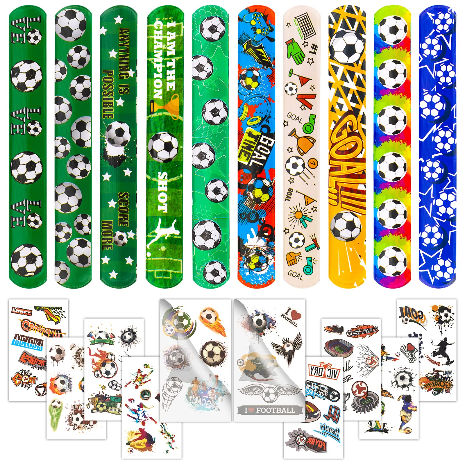 30Pcs Soccer Slap Bracelets Party Favors with Soccer Tattoo Birthday Gifts Soccer Party Decorations Snap Band for Kids Boys