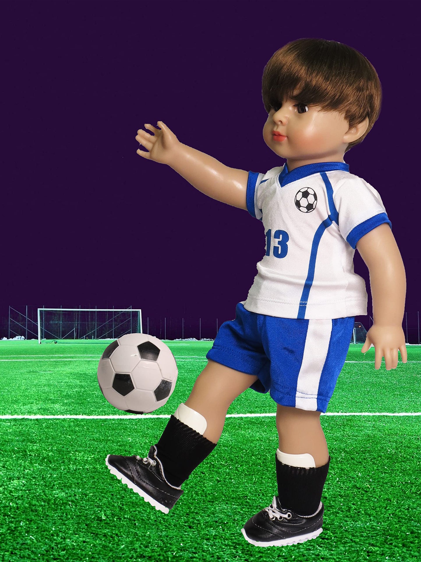 American Fashion World Blue and White Soccer Uniform for 18-Inch Dolls | Accessories Included | enhanced Quality & Trendy Design | Dolls Clothes | Outfit Fashions for Dolls for Popular Brands