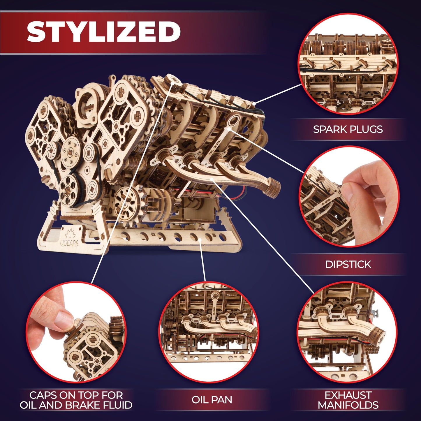 UGEARS V8 Engine Model Kit - Advanced 3D Wooden Puzzles for mature-themeds - DIY Kits Gifts for Engineers - 3D Puzzle Model Engine Kit for mature-themeds for Father's Day  Birthdays  Christmas - 776 Pcs