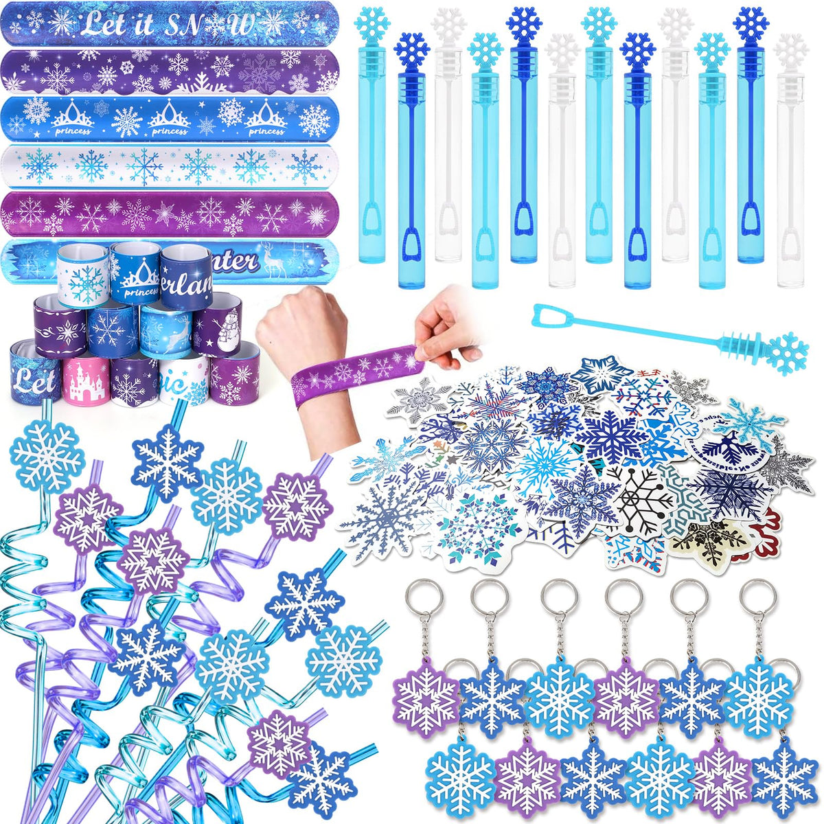 Golray 98Pcs Frozen Party Favors Elsa Birthday Supplies For Girls Kids Snowflake Straw Bubble Wand Slap Bracelet Keychain Sticke
