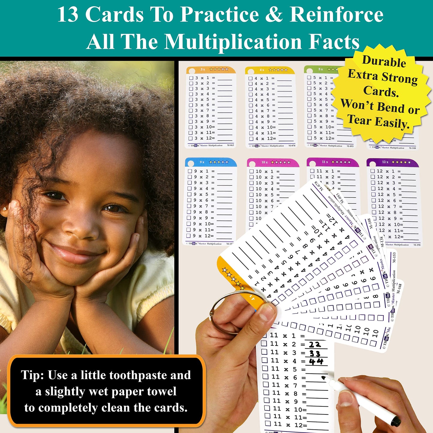 THINK2MASTER Multiplication Flash Cards - 215 Laminated Cards, 2 Dry Erase Markers, 5 Rings, Designed by a Teacher for Test Success