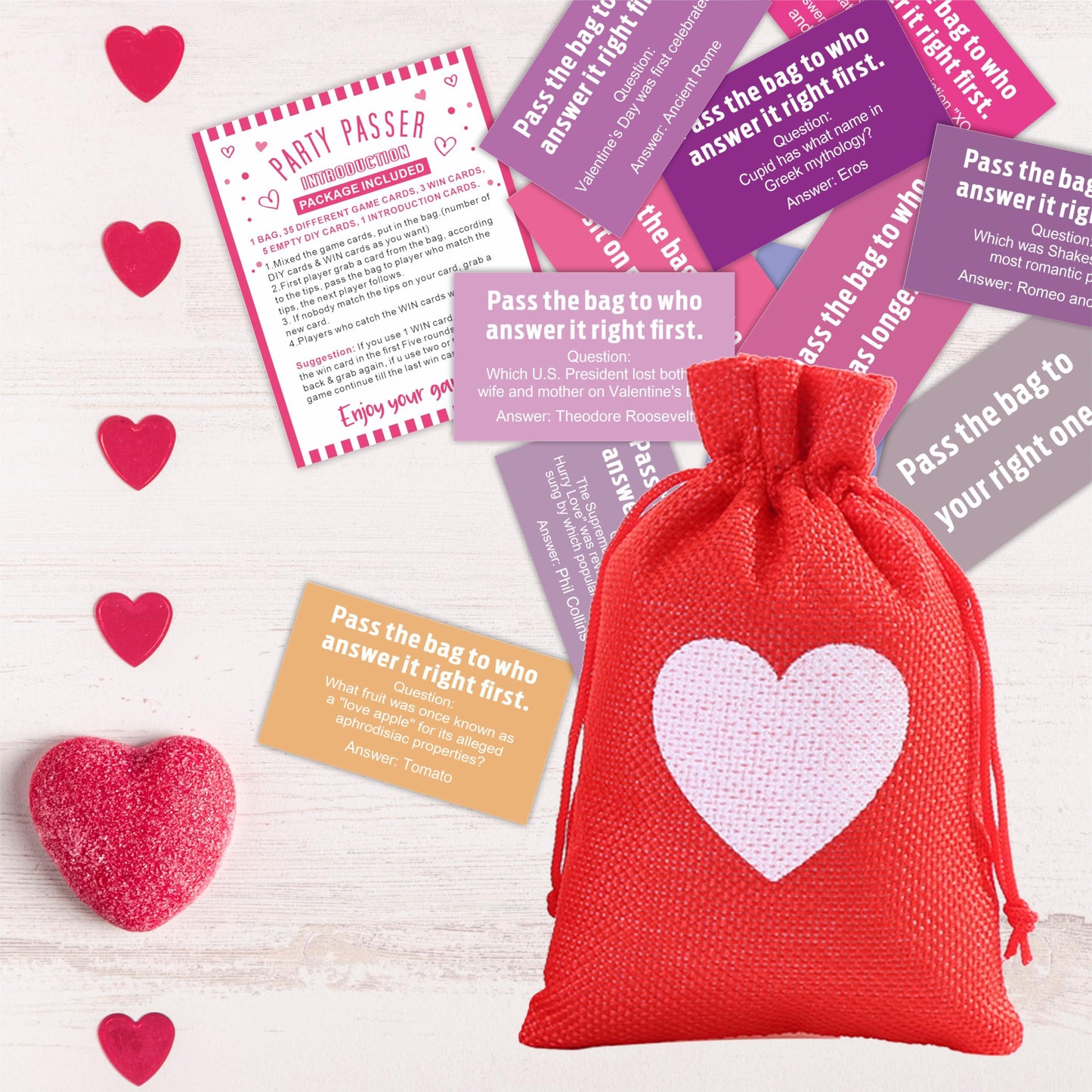 Valentine's Day Pass The Bag Game Kit  44 Tip Cards & 1 Pass Bag  Funny Party Game For teenager & mature-themed  Gathering Prize Game  Group Activity  Party Supplies -(RedA02)