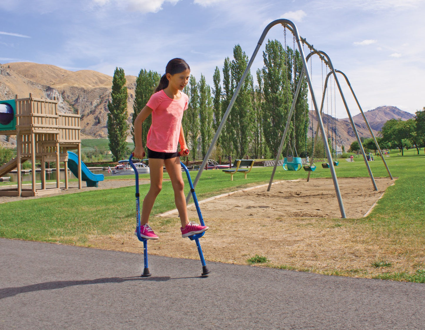 Geospace Adjustable Steel Wee Balance Stilts for Kids, Blue, Large, Model 11115, Up to 120 lbs, Indoor/Outdoor Play and Exercise