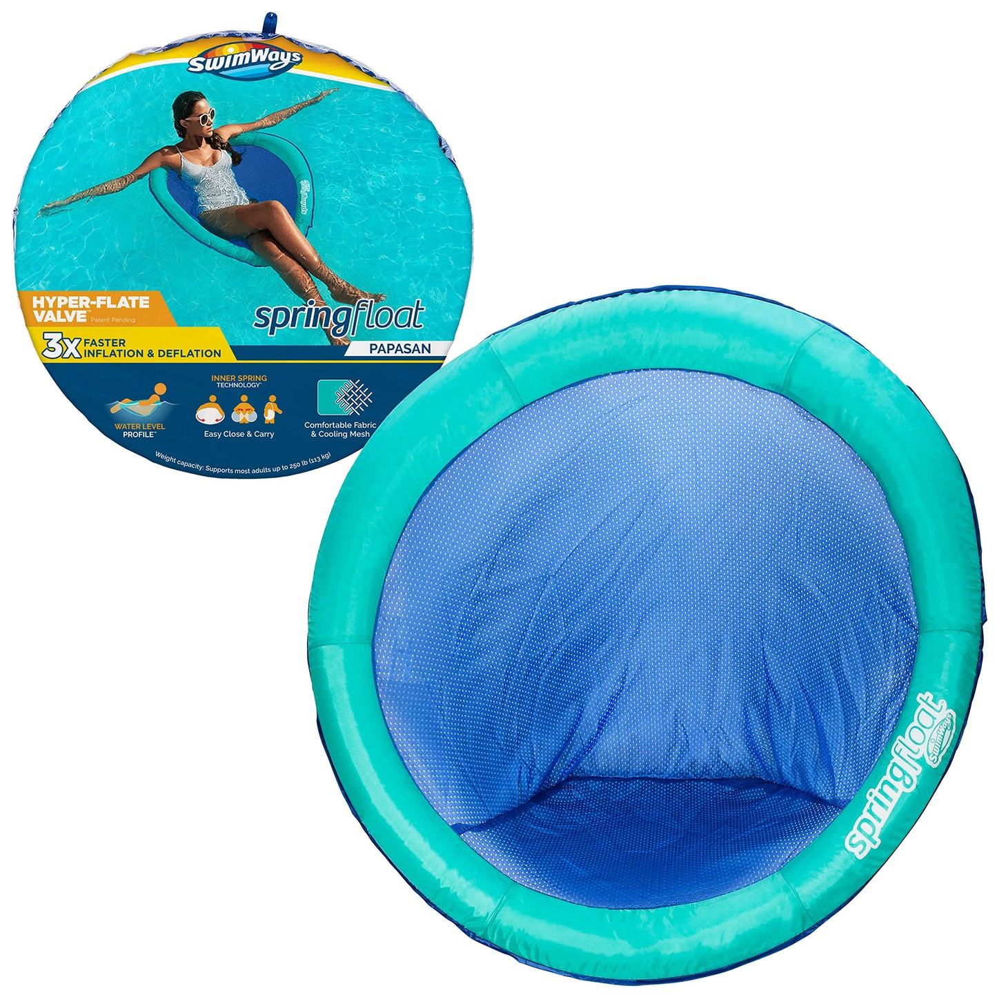 SwimWays Spring Float Papasan Pool Lounger for Swimming Pool  Inflatable Pool Floats mature-themed with Fast Inflation for Ages 15 & Up  Aqua