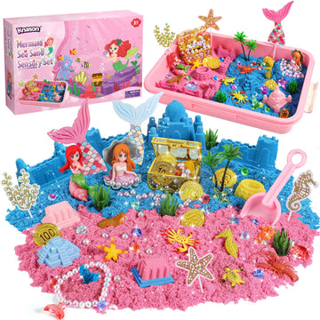 KNASON Mermaid Sensory Bin,Play Sand Art Kit for Girls and Boys with 2.2lbs Sensory Play Colored Sand,Treasure Accessories and S