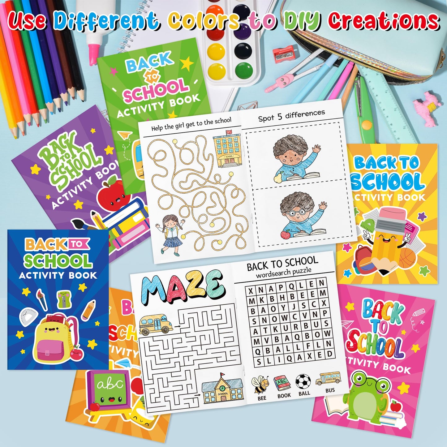 Back to School Activity Books for Kids - 24Pcs First Day of School Mini Games Coloring Book Set Bulk Mazes Word Search Word Scra