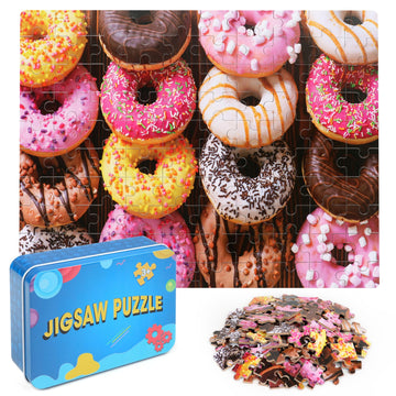 Lelemon 100 Pieces Donut Jigsaw Puzzle For Kids Ages 4-8 Sweet Colorful Donut Jigsaw Puzzles In A Metal Box Children Boys Girls 