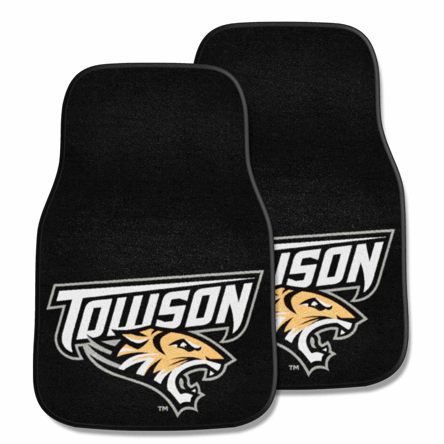 FANMATS 5417 Towson Tigers Front 2-Piece Team Logo Carpet Car Mat Set, Front Row Automotive Floor Mats, Non-Slip Backing, Team C
