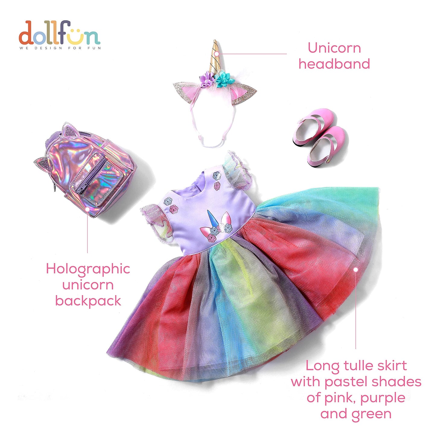 DOLLFUN 18 inch Doll Clothes and Accessories  Unicorn Dress Set Includes Shoes  Unicorn Headbands & Backpack(Compatibie with Most 18 Inch Doll)