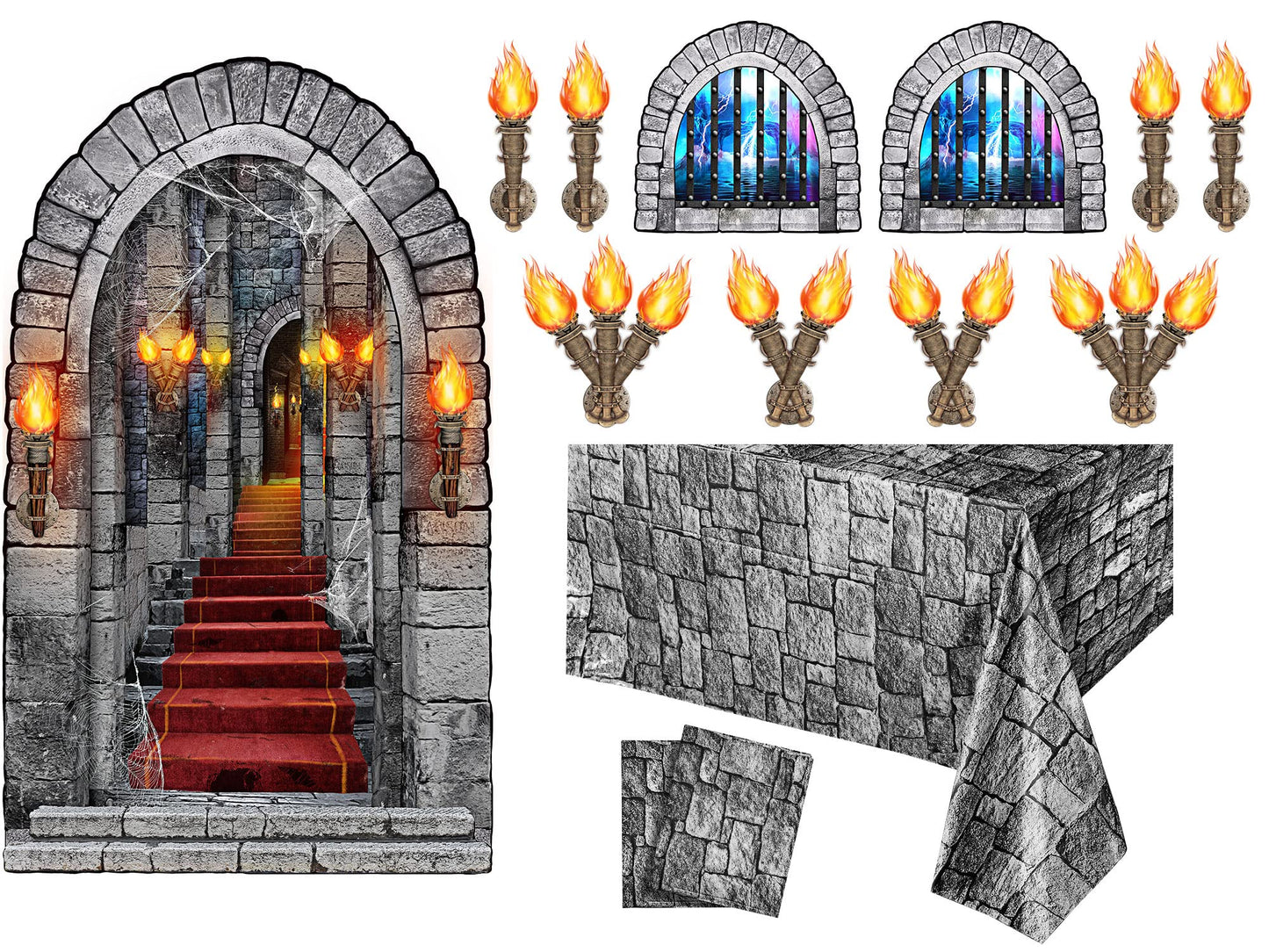 Tallew 13 Pcs Medieval Party Decorations, 2 Pcs Brick Stone Tablecloths,1 Castle Entrance Door, 2 Pcs Window Stickers 8 Pcs Torc