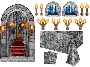 Tallew 13 Pcs Medieval Party Decorations, 2 Pcs Brick Stone Tablecloths,1 Castle Entrance Door, 2 Pcs Window Stickers 8 Pcs Torc