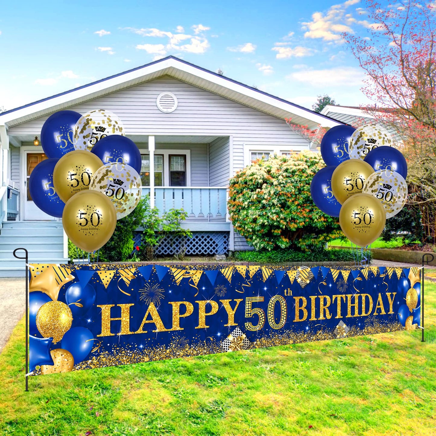 50Th Birthday Decorations For Men Women Blue And Gold,Navy Blue Gold Birthday Yard Banner And 18 Pcs 50Th Happy Birthday Balloons For 50Th Anniversary Birthday Party Supplies Indoor Outdoor Yard Decor
