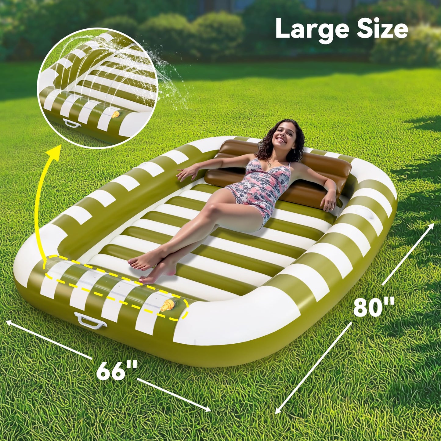 Pool Wave Inflatable Pool Lounger Floats  80 x 66 Large Tanning Bed for mature-themed Kids  Outdoor Sun Bathing Floating Blow up Raft W/Pillow  Spray Water Mat  Summer Beach Lake Family Party Gift - Green