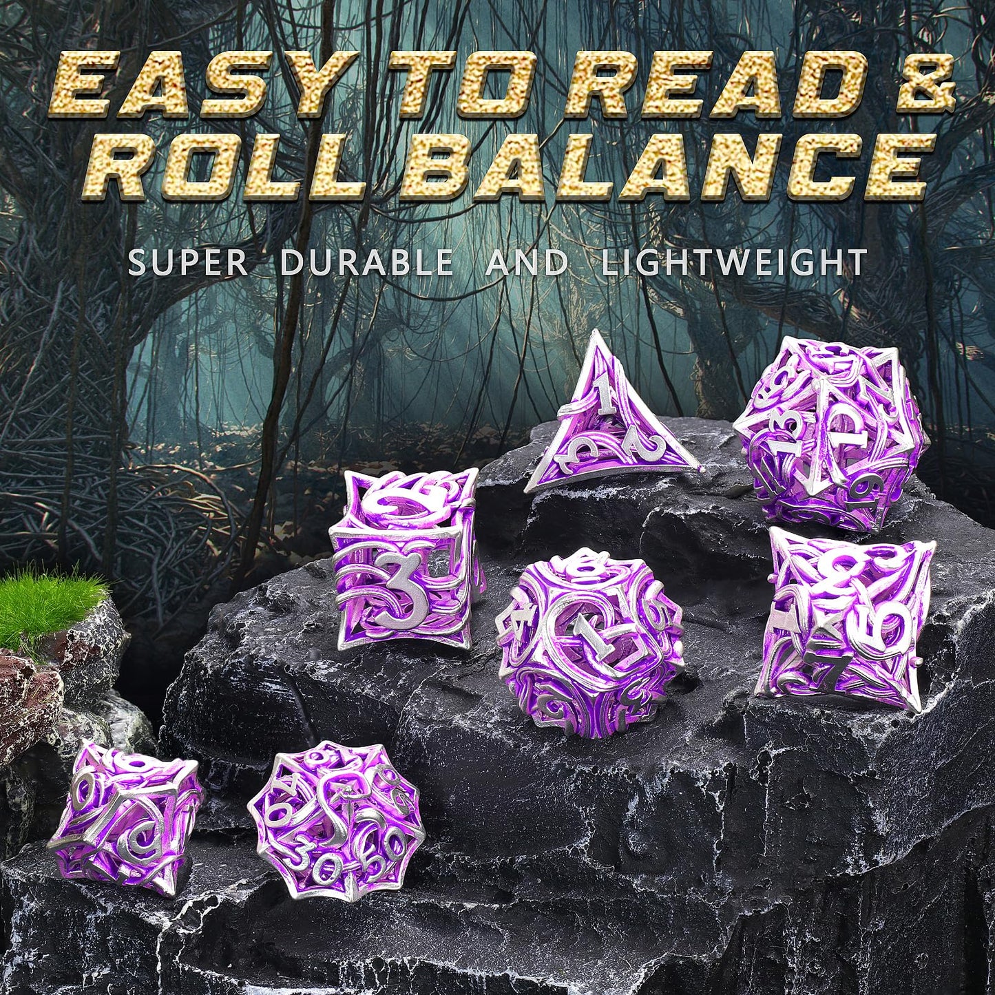 FONVGOGO Metal DND Dice Set of 7 for Dungeons and Dragons Hollow Polyhedral Metal Vine Dice Set D&D with Case Role Playing D and