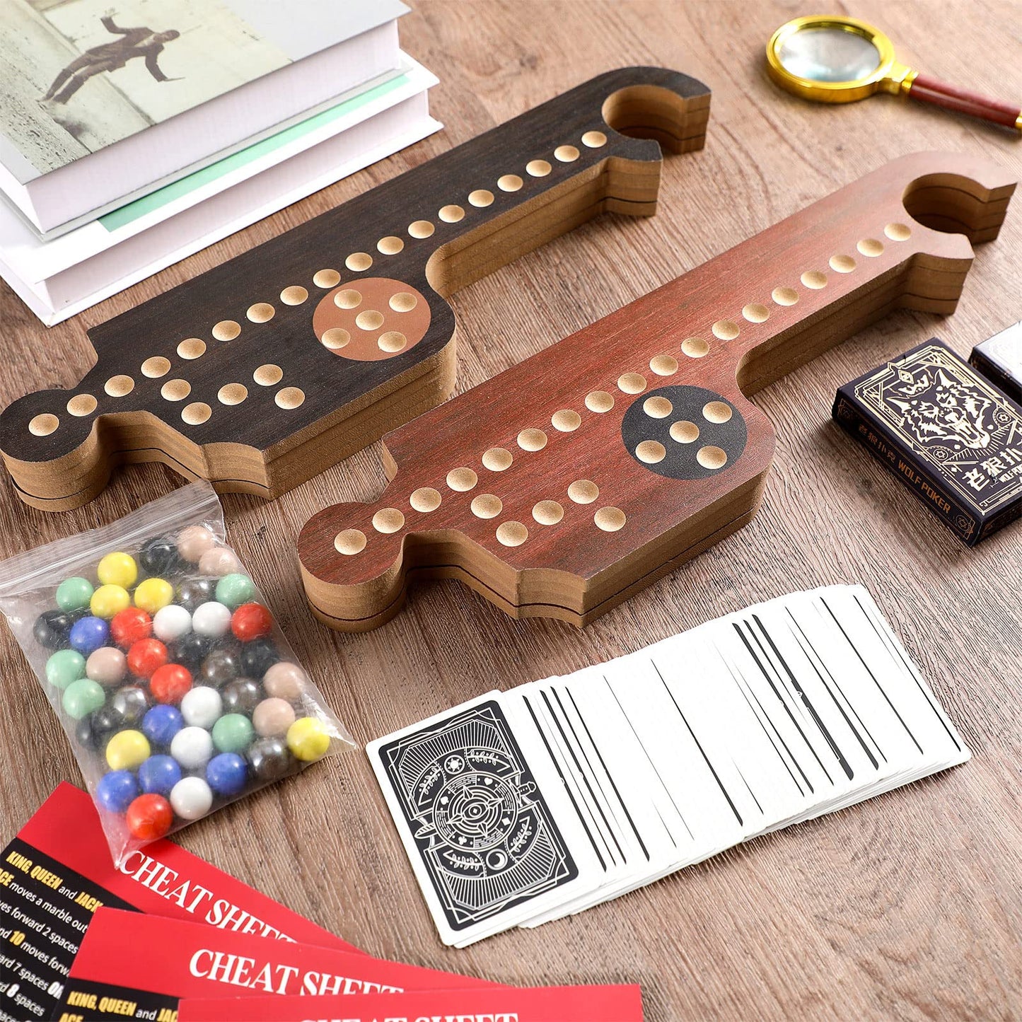 Wooden Board Games Set with 8 Wood Boards 40 Colorful Marbles Pegs 3 Boxes Playing Card 8 Game Instructions Game Wooden Board for mature-themeds Kids Family  4-8 Players (Retro Colors)
