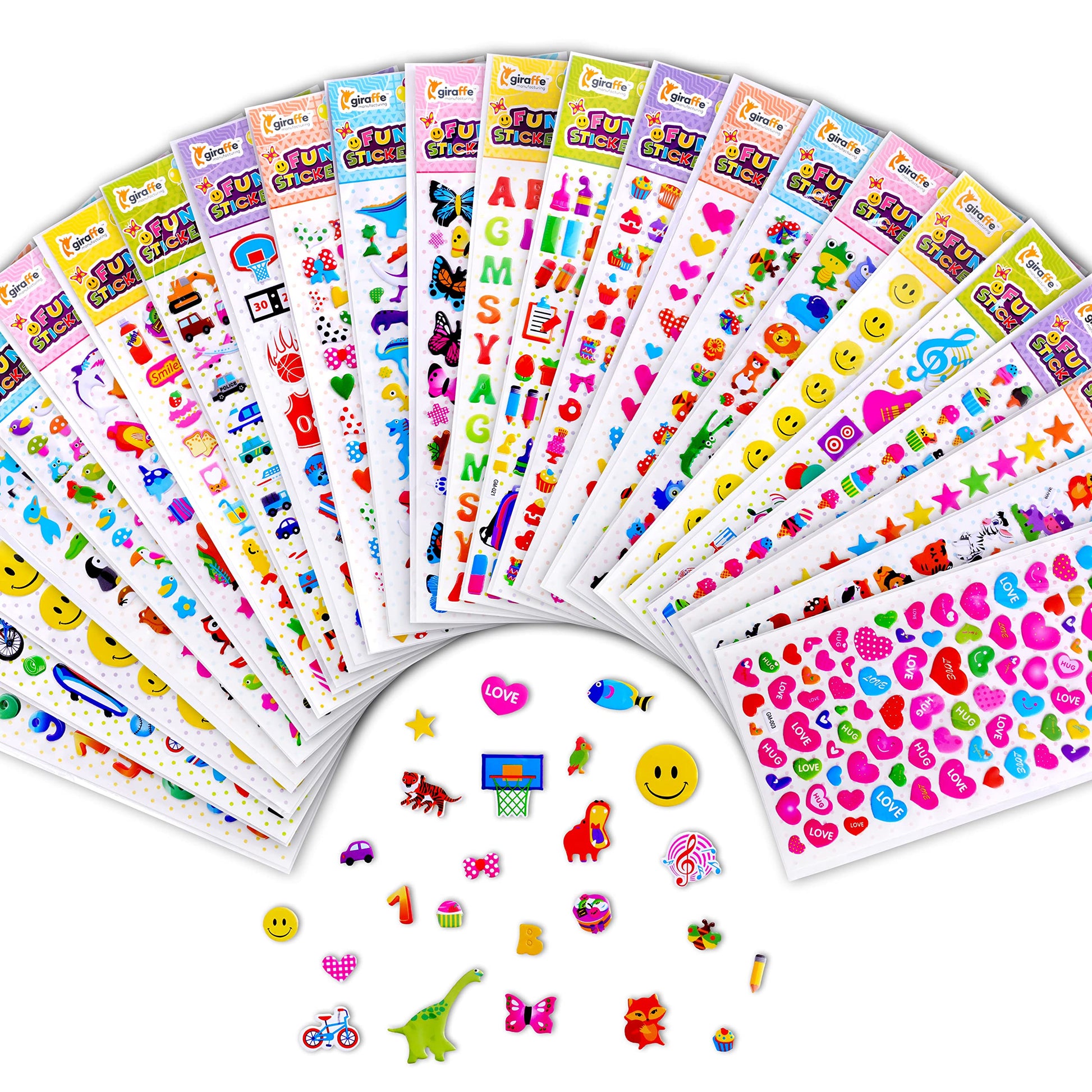 Giraffe Manufacturing 3D Puffy Stickers for Kids - Bulk Pack Toddler Stickers: Cars, Animals & More - Kids Stickers Perfect for 