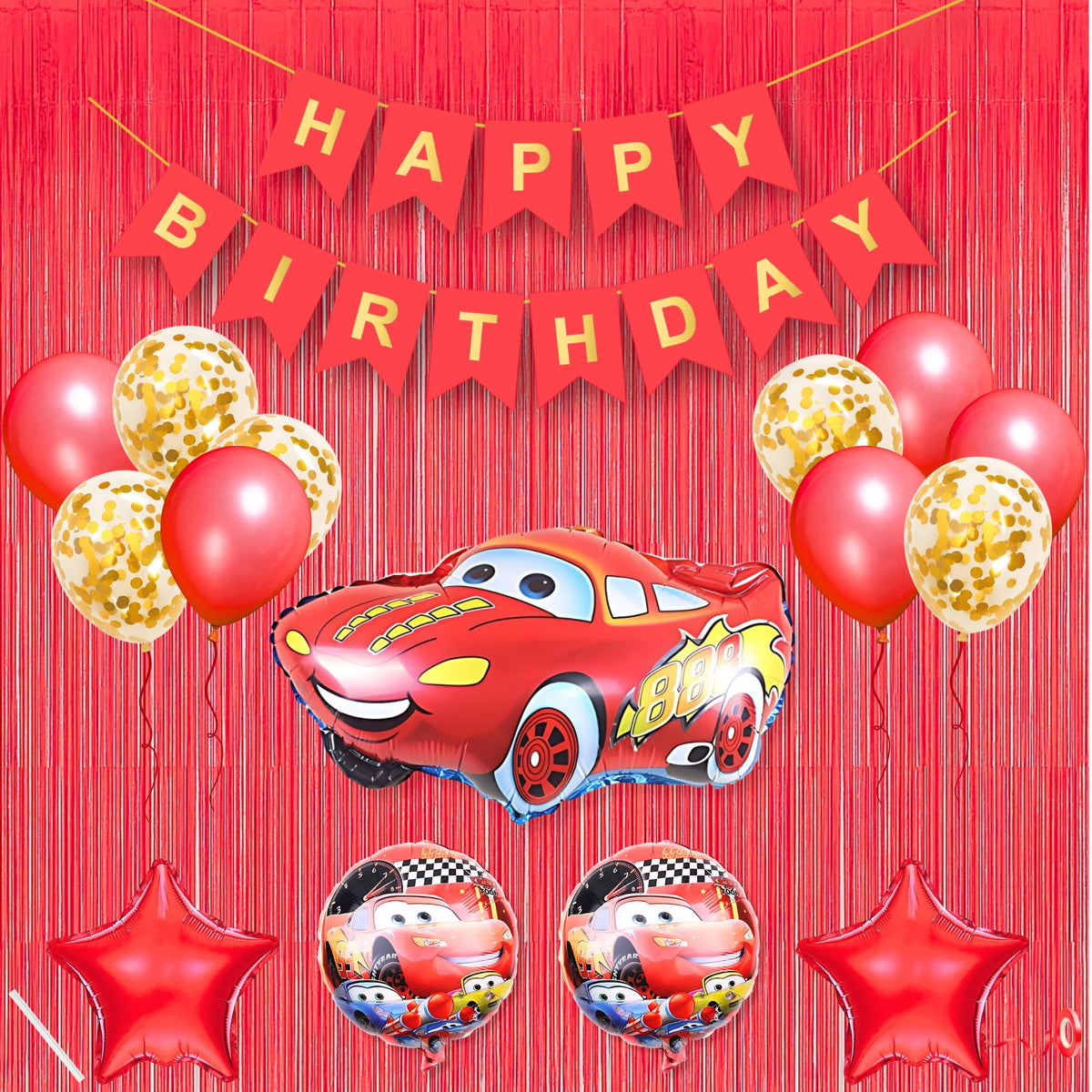 Car Theme Happy Birthday Banner Decoration Red For Baby Boys Girls Kids 5 Pc Lightning Macqueen Theme 10 Pc Confetti Balloons Fo