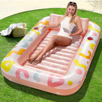 SLOOSH Inflatable Tanning Pool Lounger Float  70 x 46 Pool Floats mature-themed with Pillow  4 in 1 Suntan Tub Raft Floatie Sunbathing Bed Lounge for Water Blow Up Ball Pit Party Gifts  Pink Doodle
