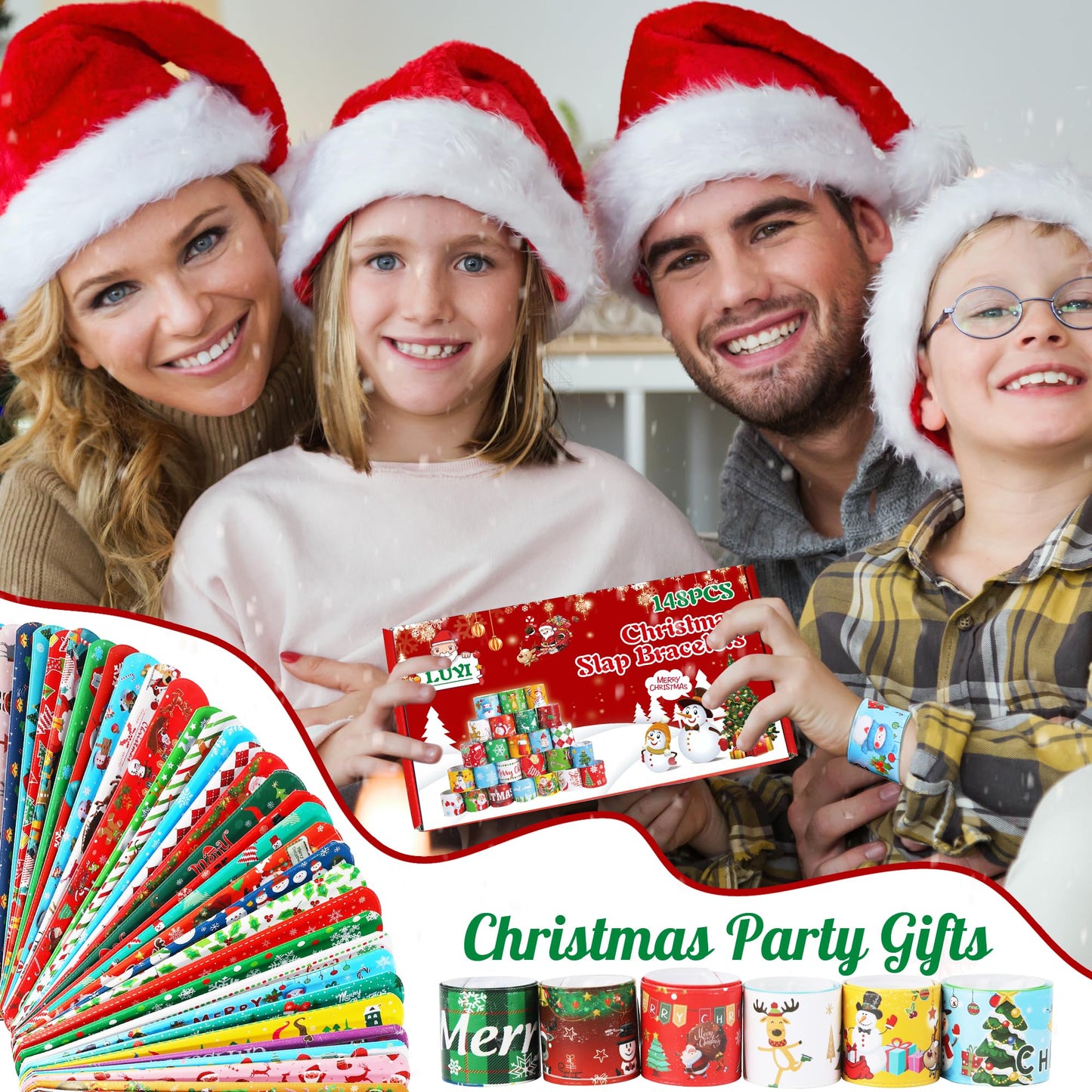 LUYI 148 PCS Christmas Slap Bracelets Christmas Party Favors Supplies for Xmas Slap Snap Bracelets Bulk Christmas Toys for Chris