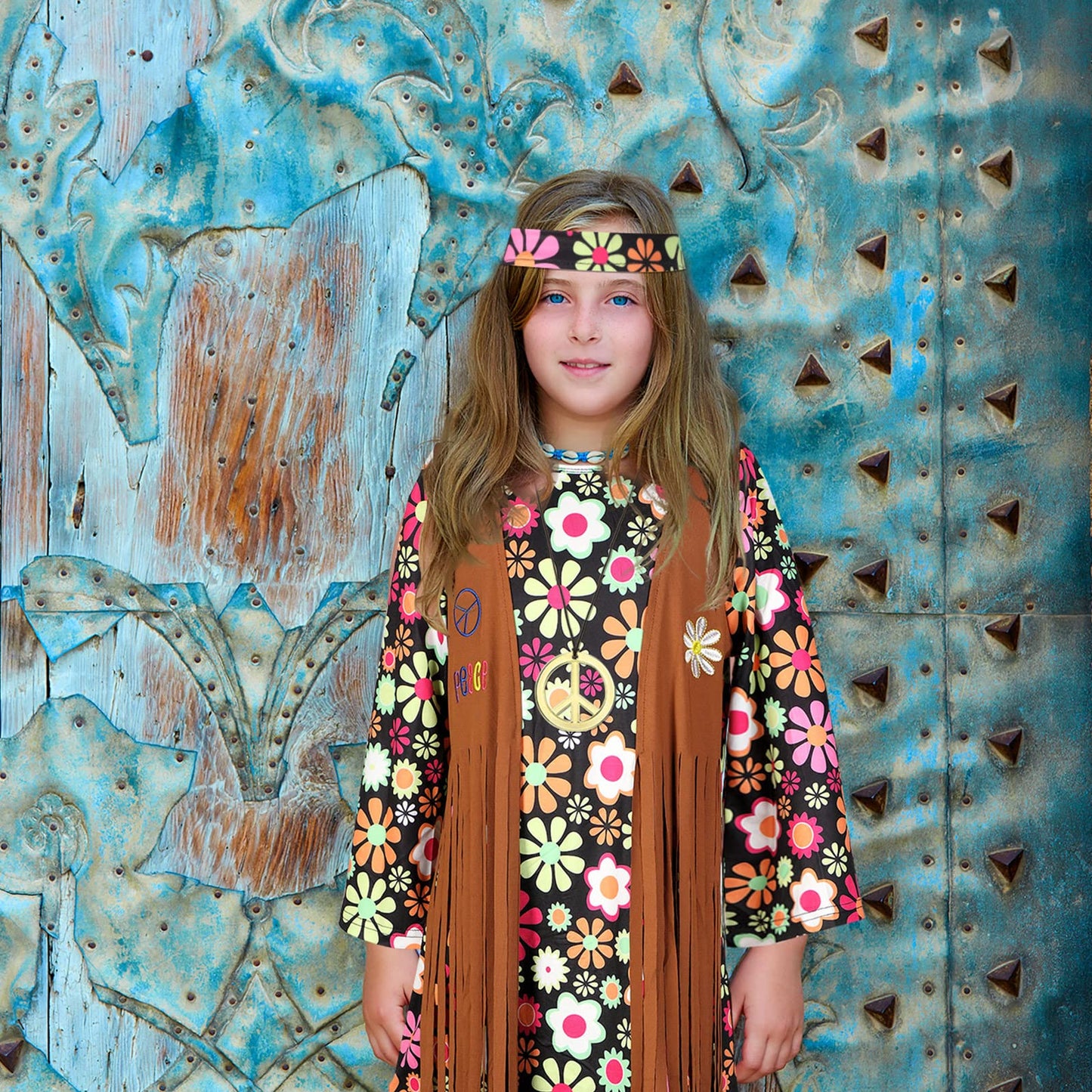 Kids Hippie Costume Set For Girls 60S 70S Hippie Dress Peace Sign Hippie Party Accessories For Halloween Cosplay Party(L)