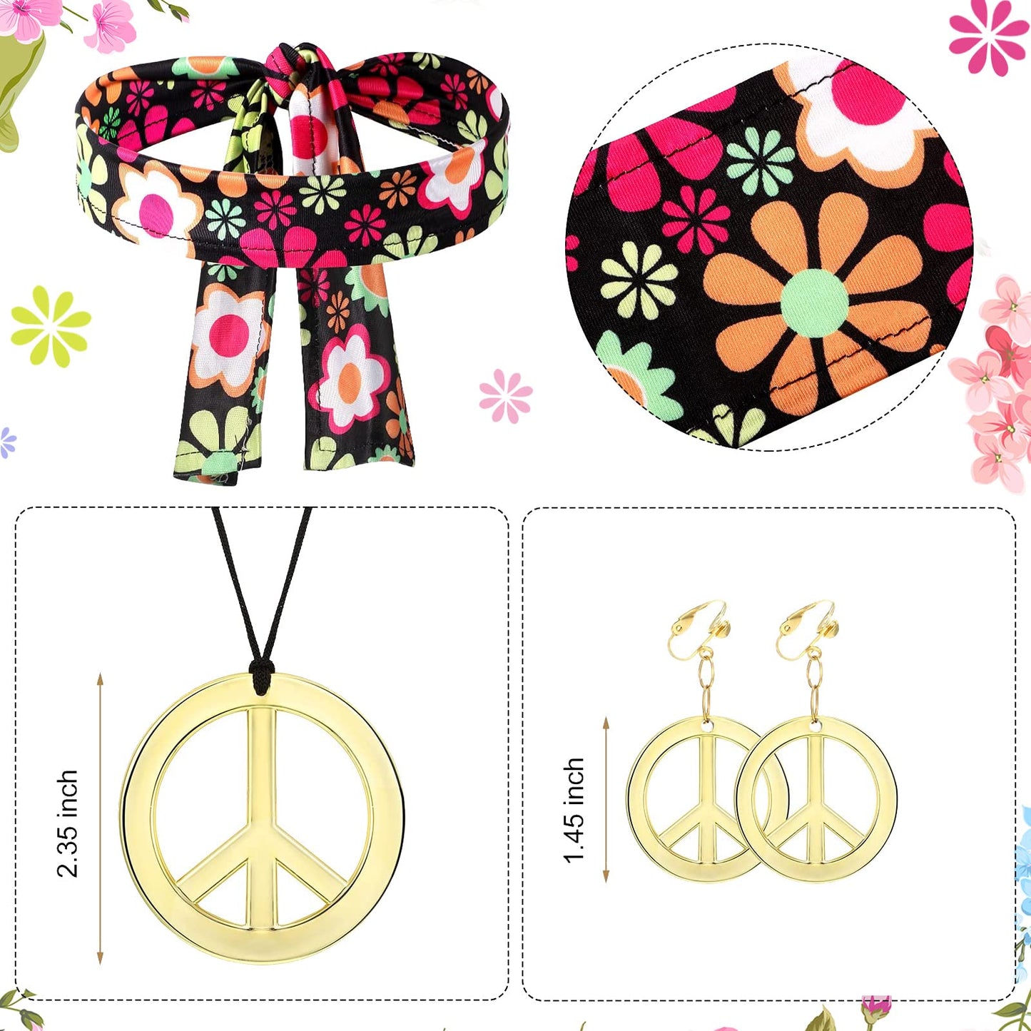 Haysandy Kids Hippie Costume Set For Girls 60S 70S Hippie Dress Peace Sign Hippie Party Accessories For Carnival Halloween Cosplay Party(Xl)