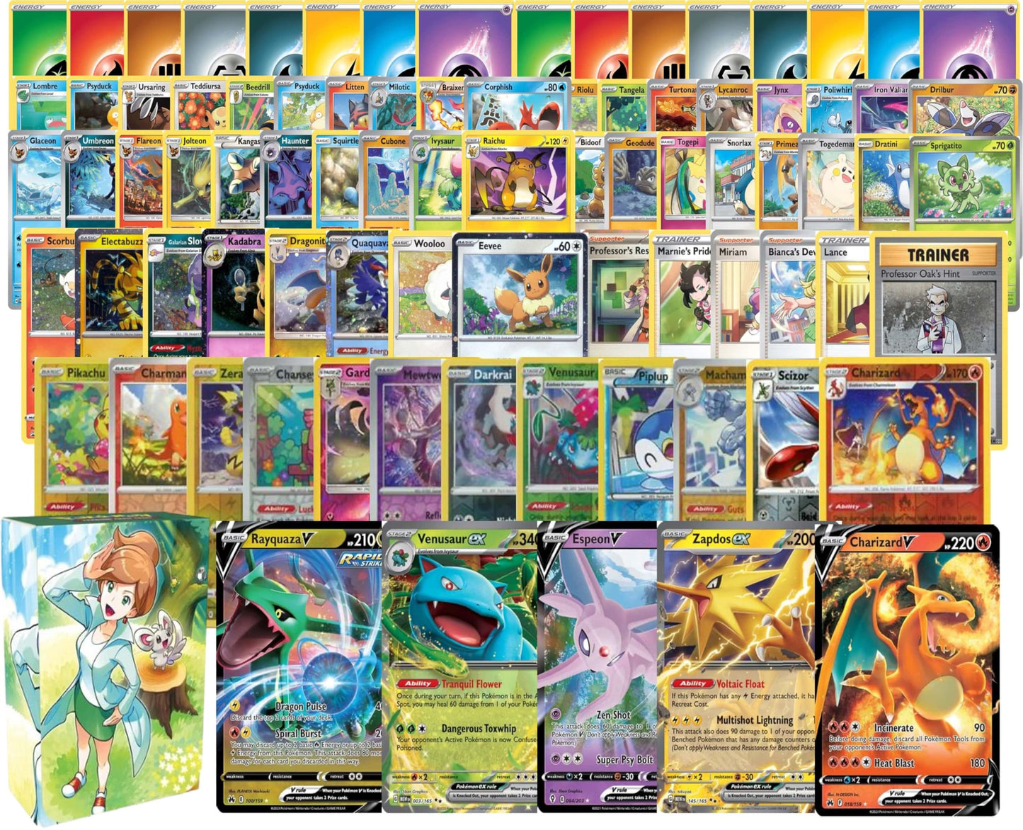 Pokemon: 100 Assorted Card Bundle - With Foils And 5 Ultra Rare (V, Gx, Ex) Variety - Official Pokemon Tcg Deck Box Included