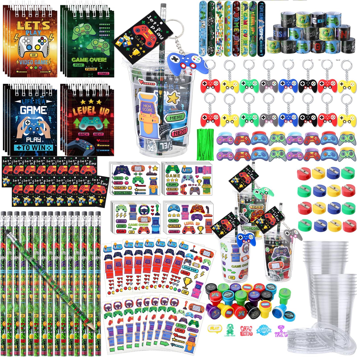 RoundFunny 133 Pcs Video Game Party Favors Gamer Birthday Party Decorations Gamer Cups Notebook Pencils Sharpener Keychain Slap 