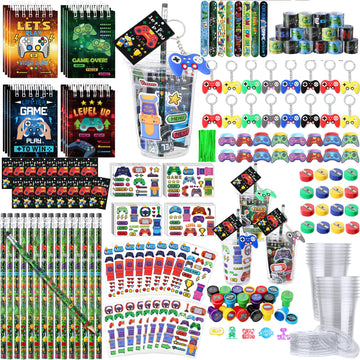 RoundFunny 133 Pcs Video Game Party Favors Gamer Birthday Party Decorations Gamer Cups Notebook Pencils Sharpener Keychain Slap 