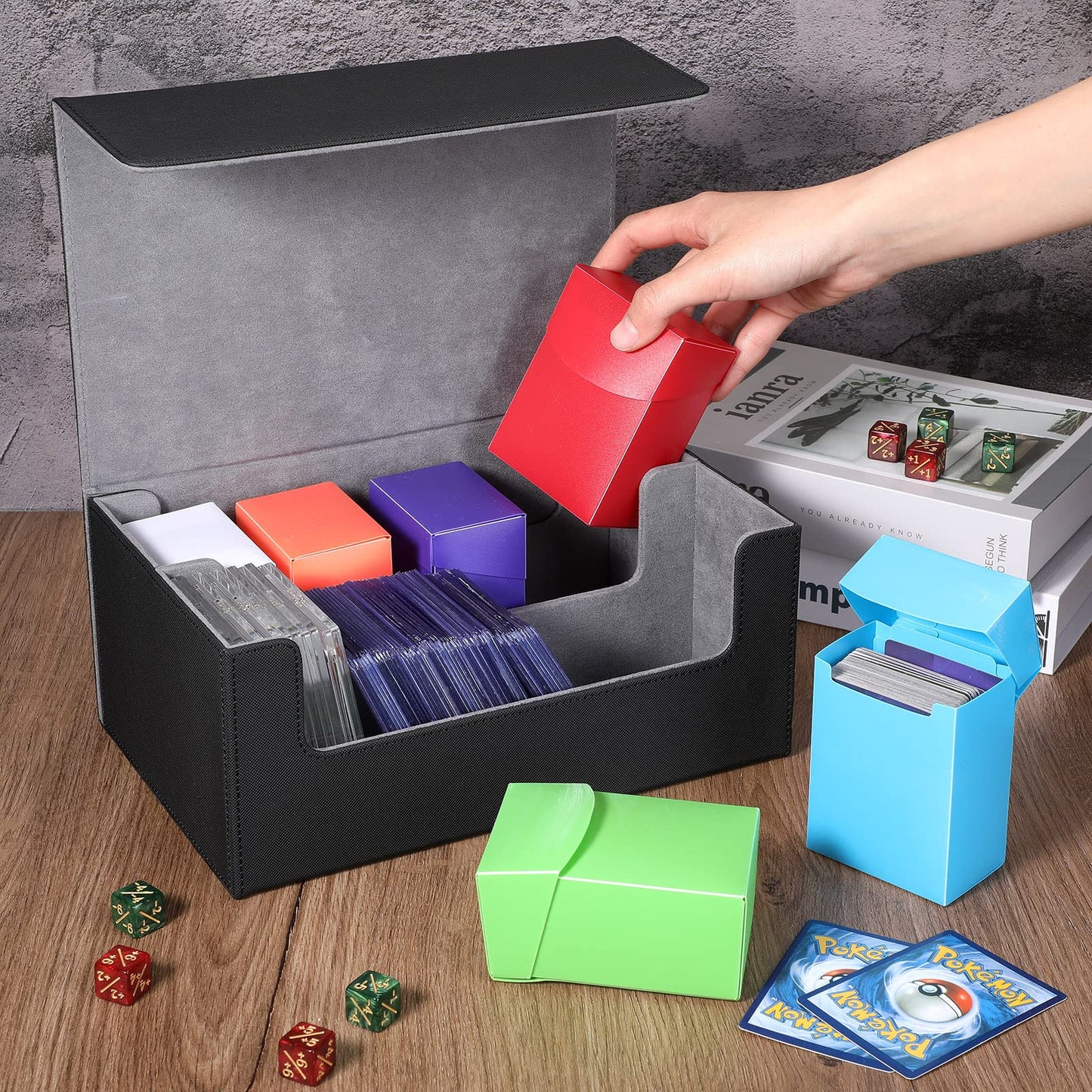 Yexiya 7 Pcs Deck Card Boxes, 1 Leather Deck Storage Box With 6 Plastic Deck Card Cases Playing Cards Box(Black, Gray)