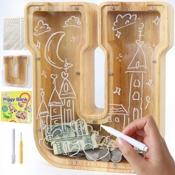 weallbuy Large Letter Piggy Bank for Kids Boys Girls Wooden Personalized Piggy Banks A-Z with Target Area Clear Alphabet Banknote Coin Banks for Gift Decoration Baptism (U)