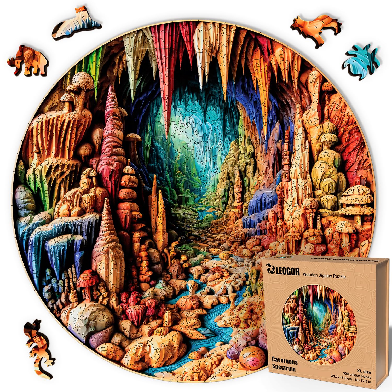 Cavernous Spectrum - 500 Piece Wooden Puzzles for mature-themeds - 18 x 17.9 in - Extra-Thick 5 mm Wood Puzzle  Hand-Shaped Pieces  Round XL Mosaic Design - enhanced Gift for Puzzle Lovers by LEOGOR