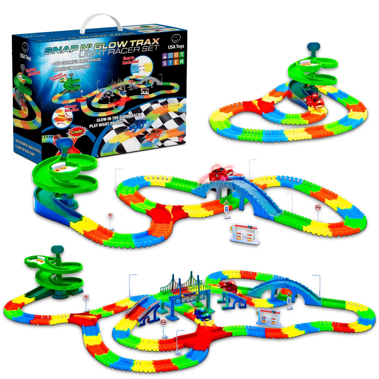 USA Toyz Glow Trax Race Track Set - 380pc Glow in The Dark, Large, Plastic, CF1302, Includes 2 LED Cars, 2 Bridges, STEM Toys for Kids