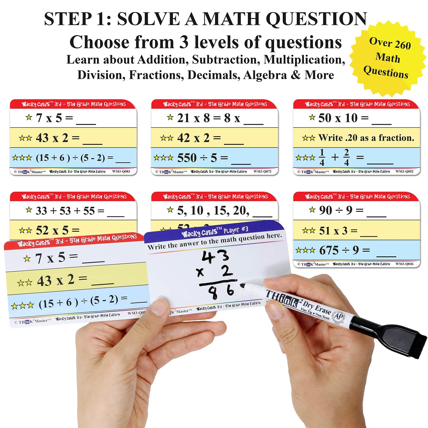 Think2Master Wacky Cards 3rd - 5th Grade. Math Card Game for Families & Classroom. Make Hilarious Sentences While Practicing Mat