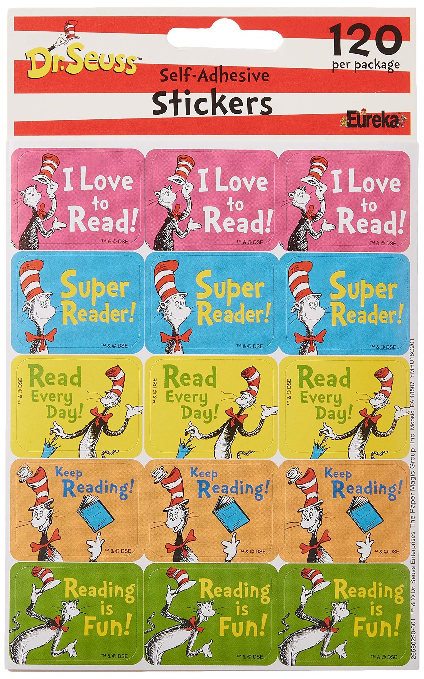 Eureka Classroom Decorations Cat in The Hat Reading Stickers for Kids and Educational Fun, 120pc
