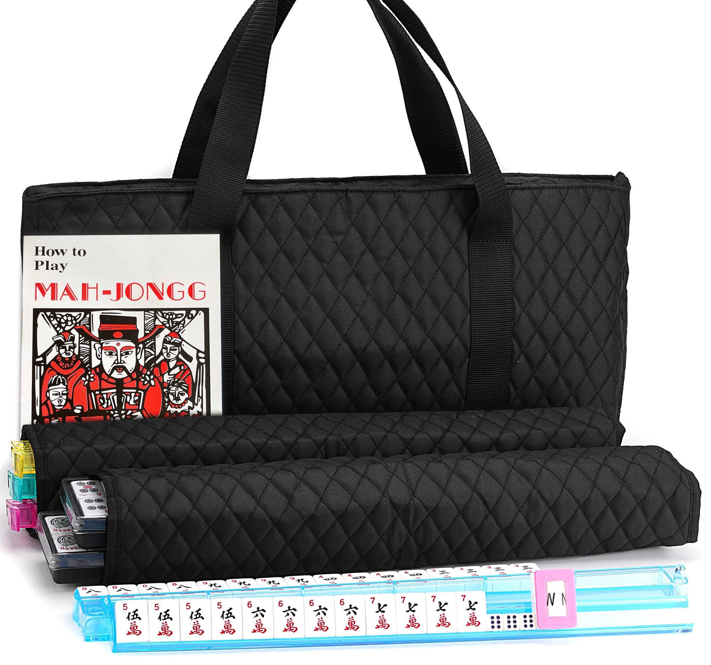 Mose Cafolo American Mahjong Game Set - 166 Premium Tiles, Black Quilted Bag, 20"x9"x5", Includes Racks & Pushers, English Manual