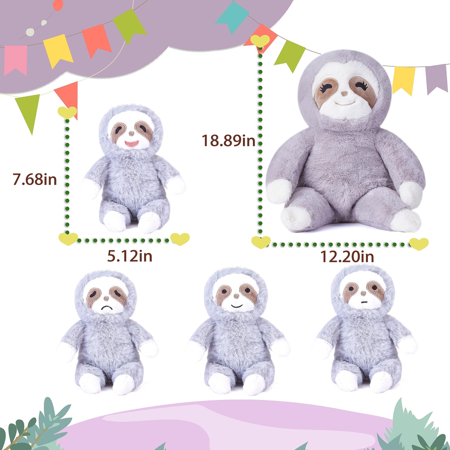 Earthsound Sloth Mom And Baby Stuffed Animal Mommy Plush Toy,18'' Cute Small Fluffly Mama Soft Toy With Little Babies,Family Set