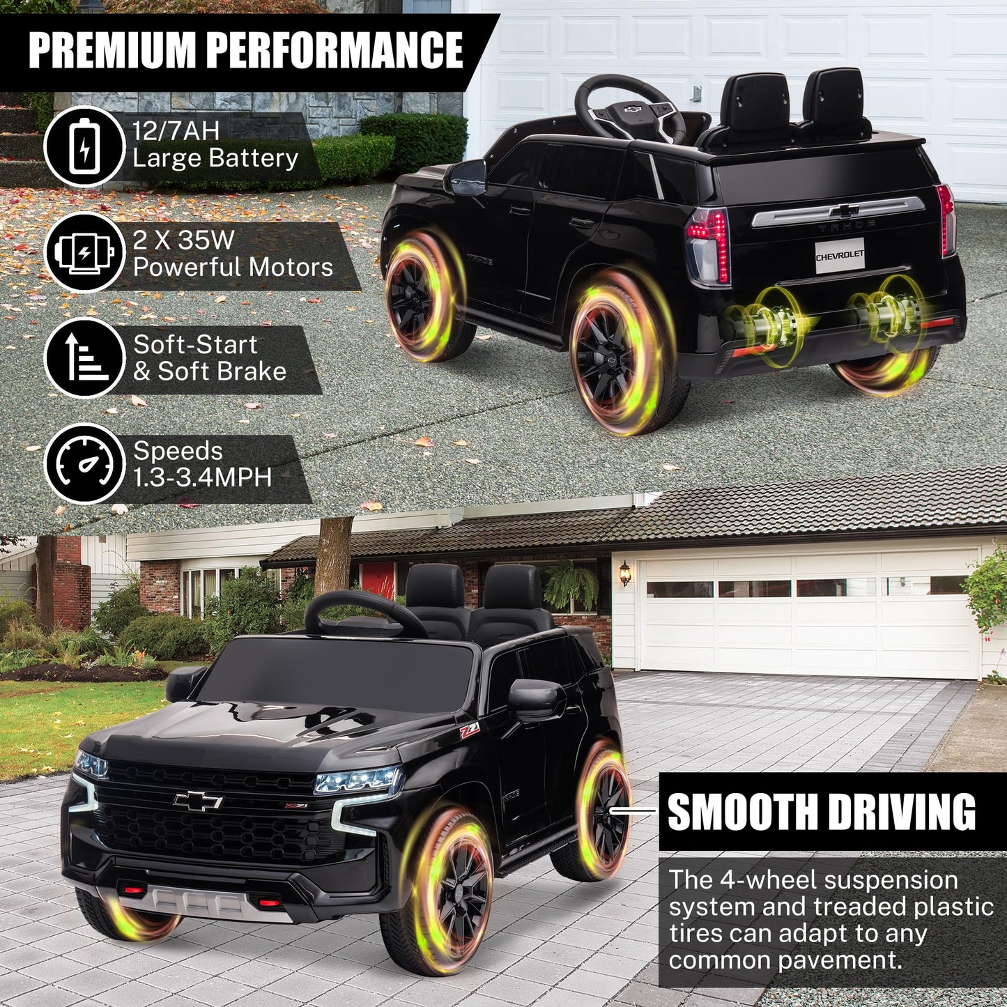 Enyopro Ride On Car For Kids, Licensed Chevrolet Tahoe Suv 12V7Ah Battery Powered Ride On Toy Car, Kids Boys Girls Electric Car With Remote Control, Led Lights, Bluetooth Music, Horn, 3 Speeds (Black)