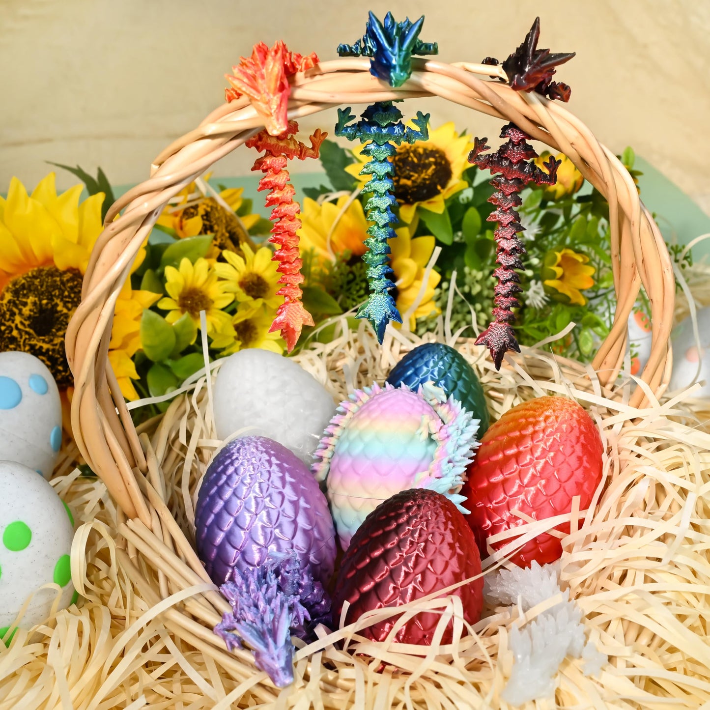 Impossmaker 6Pcs 3D Printed Easter Dragon Eggs With 3D Printed Dragon Inside, Easter Basket Stuffers Mini Dragon Egg Set Articul